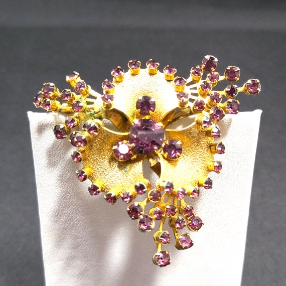 Purple Rhinestone Flower Brooch, Gold Plated, 195… - image 9