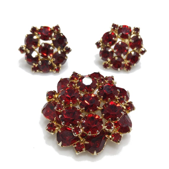 Weiss Red Rhinestone Brooch & Earrings, Gold Plat… - image 2