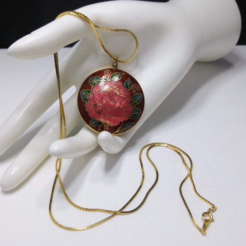 Cloisonne Rose Flower Double Sided Pendant, Gold Tone Long Chain, 1960s Vintage Jewelry image 1