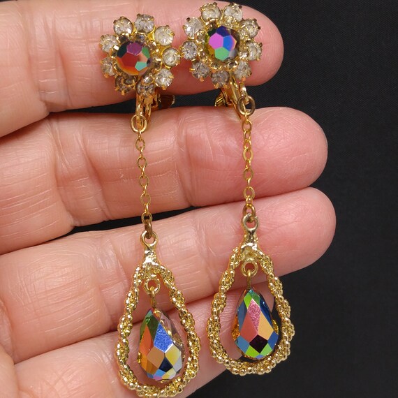 Czech Iridescent Beaded Dangle Clip Earrings, Pea… - image 2