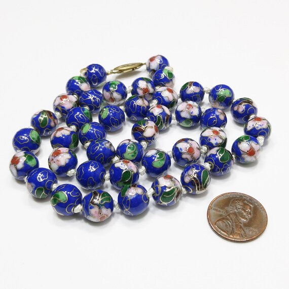 Cloisonne Blue Beaded Necklace, Floral Hand Paint… - image 5