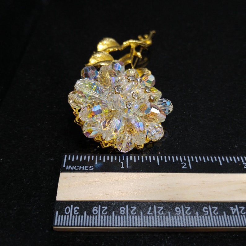 1960s Vintage Jewelry Austrian Crystal Beaded Flower Brooch Gold Tone