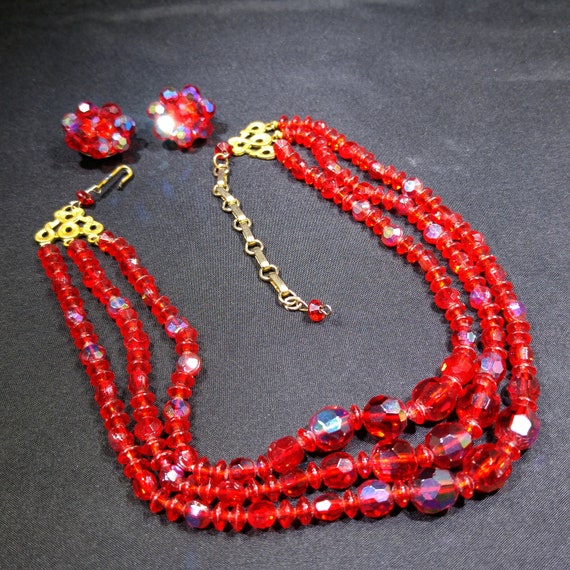 Czech Red Glass Beaded Necklace & Earrings, Fire … - image 6