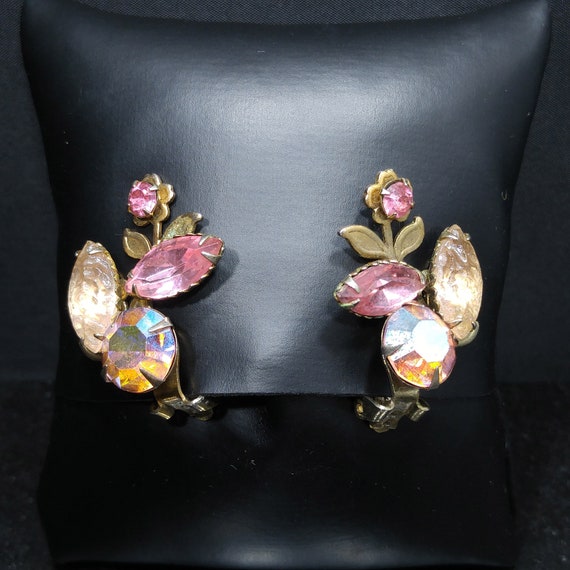 Pink Rhinestone Floral Earrings, Lava Glass, Auro… - image 6