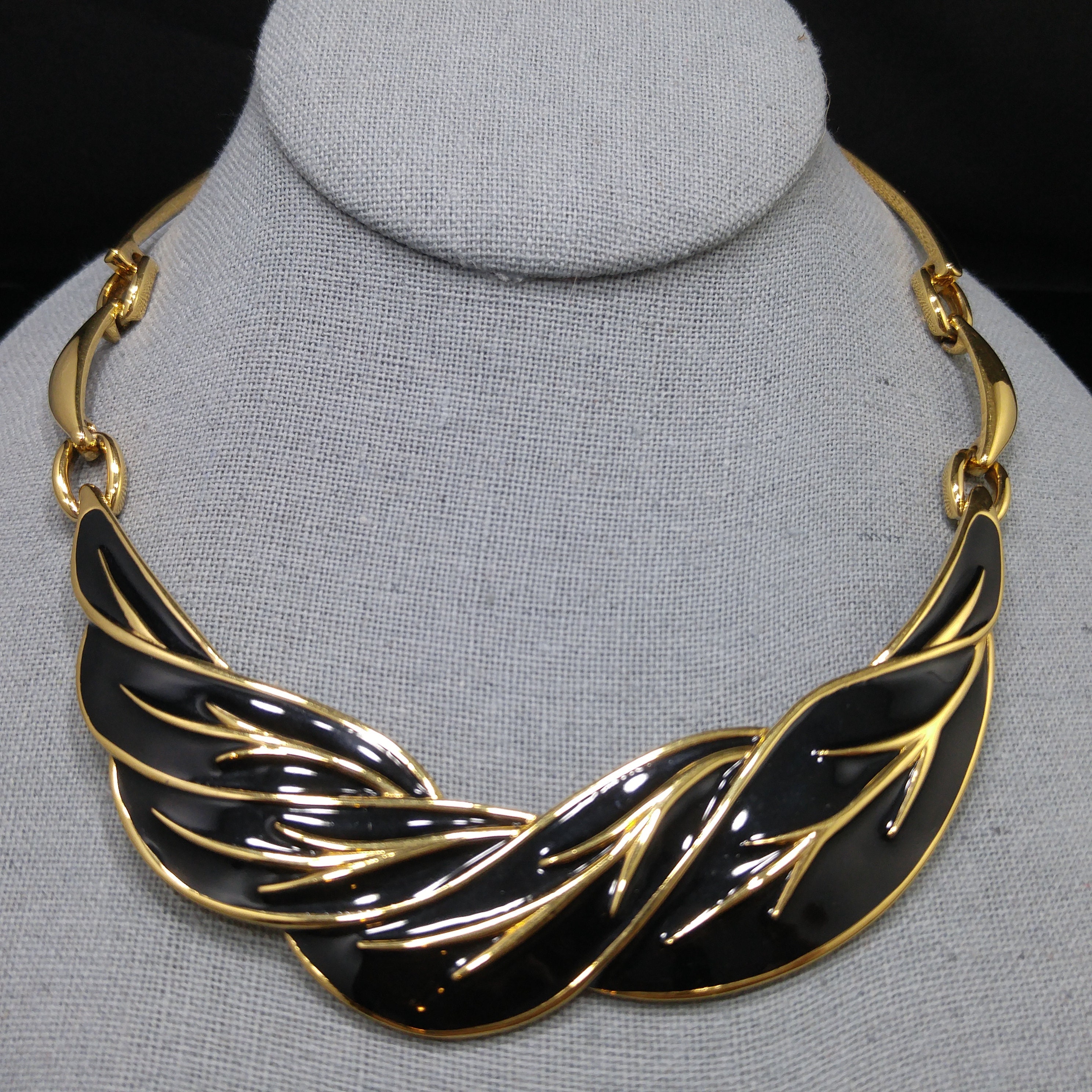 Monet Black Enamel Leaves Choker Necklace, Gold Plated