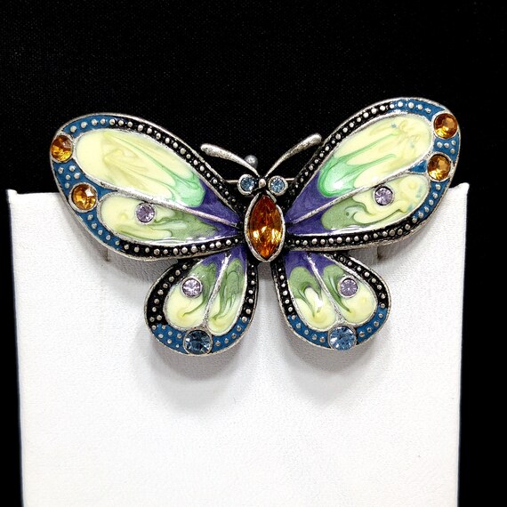 Butterfly Enamel & Rhinestone Brooch, Silver Tone… - image 4