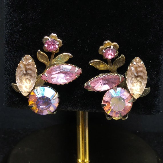 Pink Rhinestone Floral Earrings, Lava Glass, Auro… - image 10