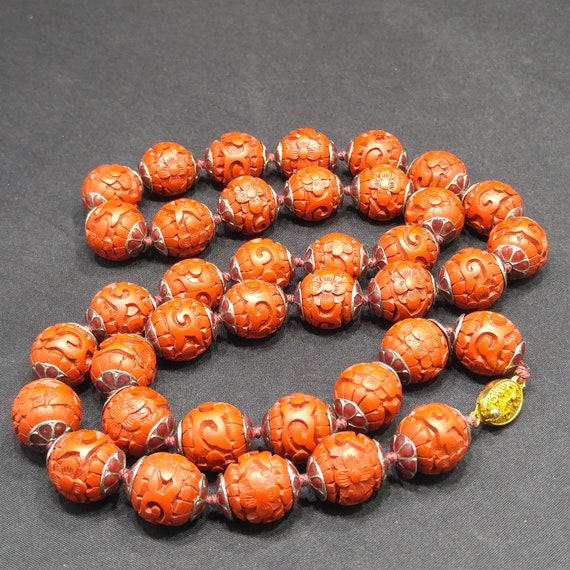 Hand Carved Red Bead Necklace, Chinese Import, Ha… - image 3