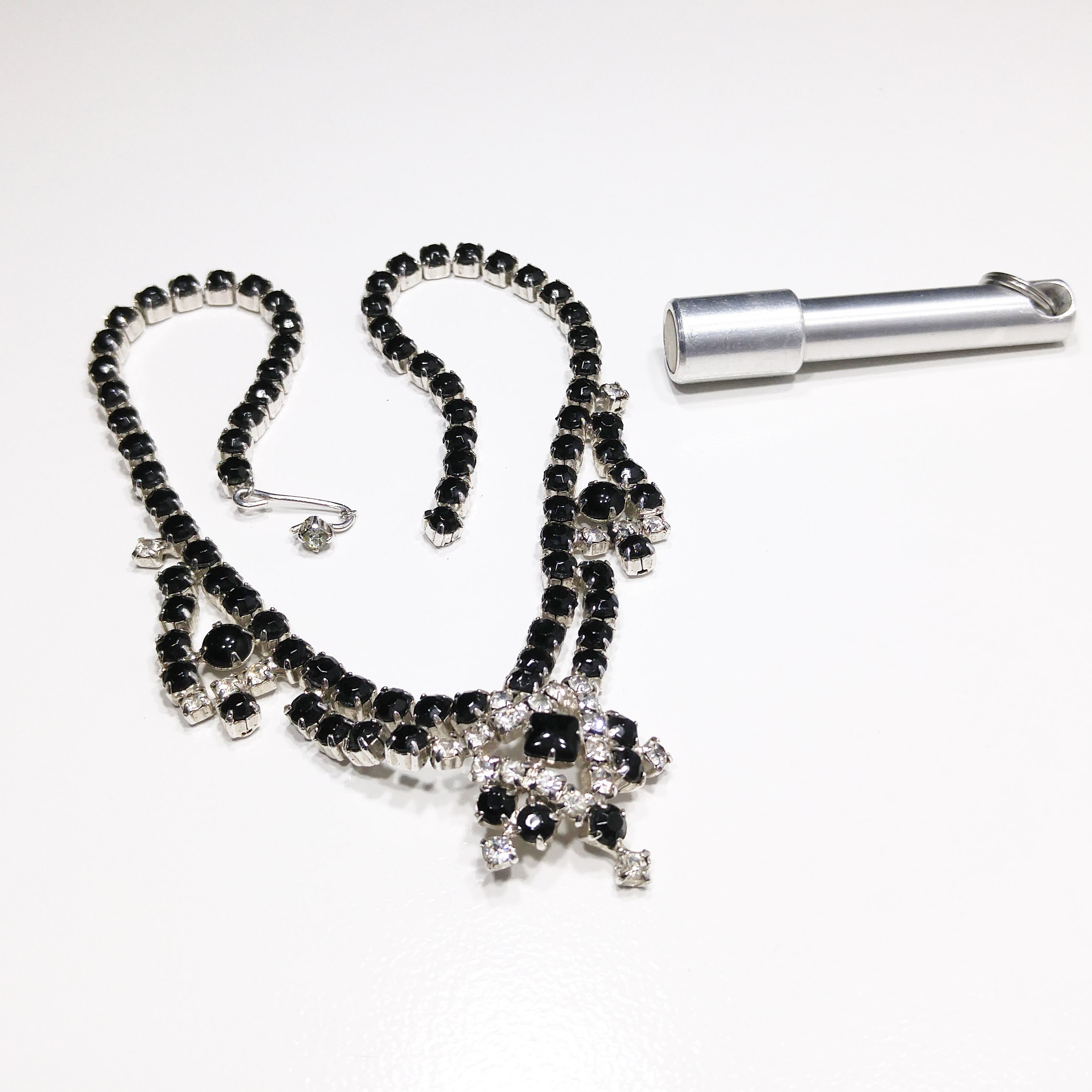 Vintage Black & Clear Rhinestone Festoon Necklace, Rhodium