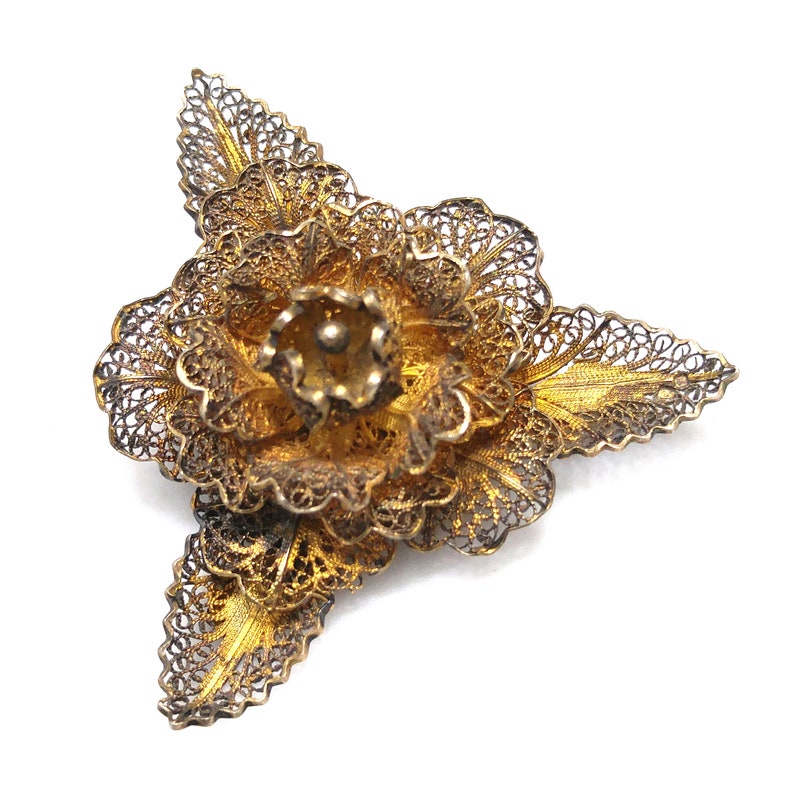 Topazio Portugal Flower Brooch, Silver Vermeil, 1930s Vintage Jewelry image 2