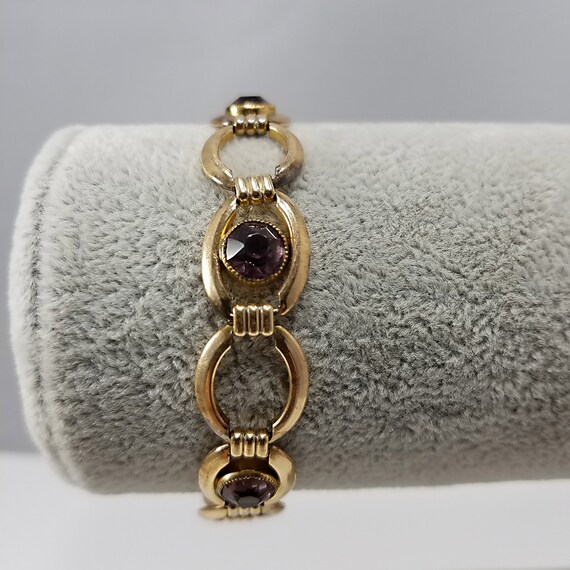 Vintage Gold Plated Purple Glass Bracelet, Signed… - image 7