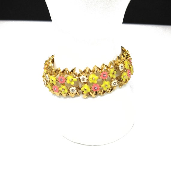 Monet Floral Enamel Bracelet, Pink Yellow & White… - image 2