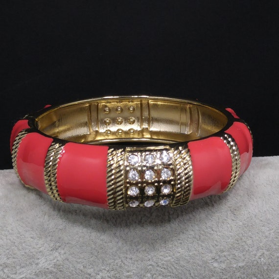 Red Enamel Gold Tone Hinged Bracelet, Clear Rhine… - image 8