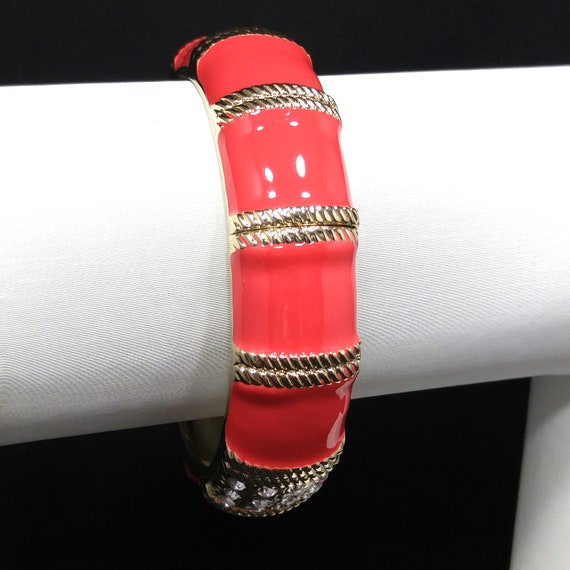 Red Enamel Gold Tone Hinged Bracelet, Clear Rhine… - image 4