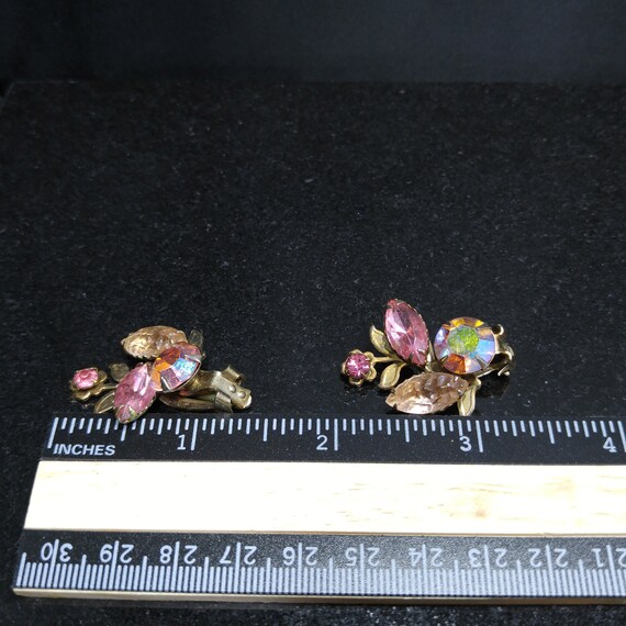 Pink Rhinestone Floral Earrings, Lava Glass, Auro… - image 8