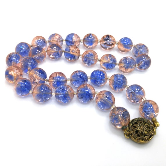 Blue Pink Crackle Glass Beaded Necklace, Filigree… - image 9