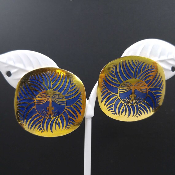 Laurel Burch "Eskimo Lion" Earrings, Blue Gold To… - image 3