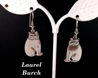 Laurel Burch Cat Dangle Earrings, Rhodium Plated, Gold Filled Ear Wires, 1980s Vintage Jewelry