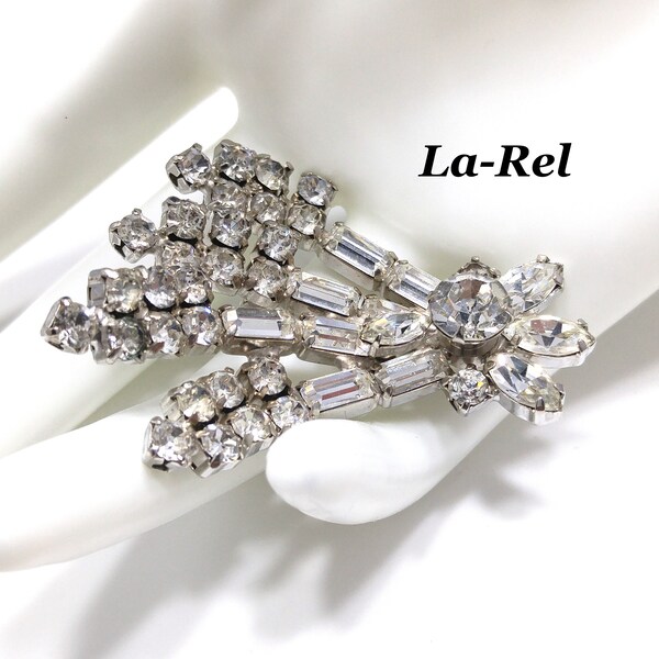 La-Rel Clear Rhinestone Floral Brooch, Rhodium Plated, Wedding Brooch, 1950s Vintage Jewelry