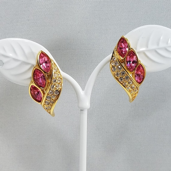 S. A. L. Swarovski Pink Rhinestone Earrings, Gold… - image 2