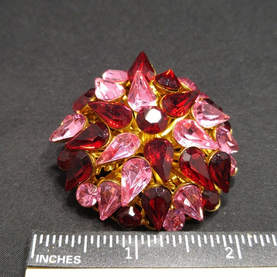 Red & Pink Domed Rhinestone Brooch, Gold Plated F… - image 8