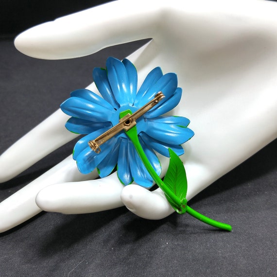 Large Flower Brooch, Blue & Green Enamel on Metal… - image 5