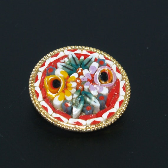 Italy Micro Mosaic Brooch, Raised Floral Design, … - image 8
