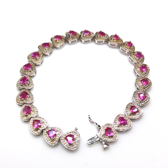 Heart Gemstone Silver Link Bracelet, Stamped 925,… - image 7