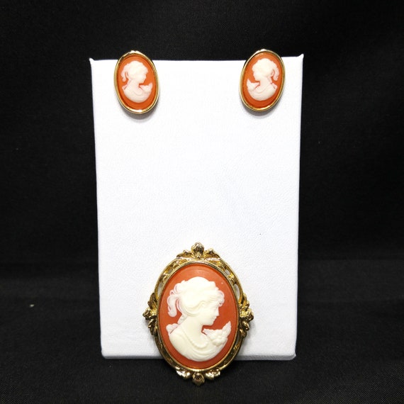 Whiting & Davis Cameo Brooch Post Earrings Set, L… - image 4