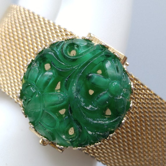 Vintage Napier Green Molded Glass Bracelet, Mesh … - image 2