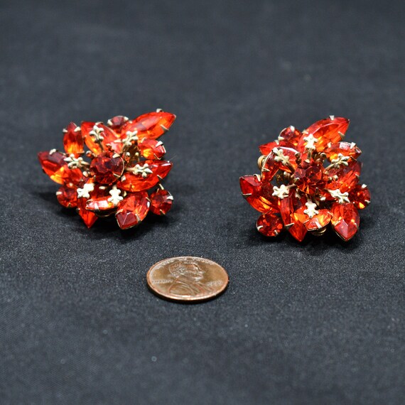 Vintage Bright Orange Rhinestone Gold Tone Clip E… - image 8