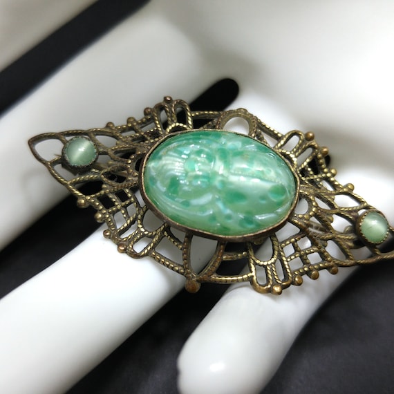 Czech Marbled Glass Scarab Brooch, Egyptian Reviv… - image 1