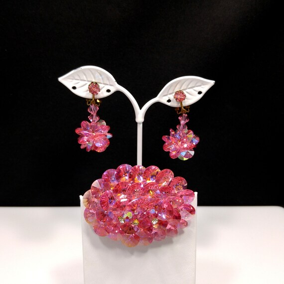 Pink Flat Crystal Brooch & Earrings, Aurora Borea… - image 2