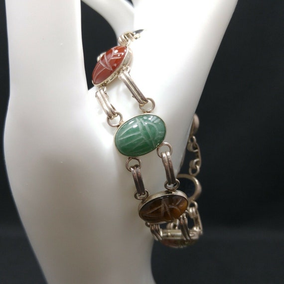 Vintage Silver Gemstone Bracelet,  Carved Scarabs… - image 1