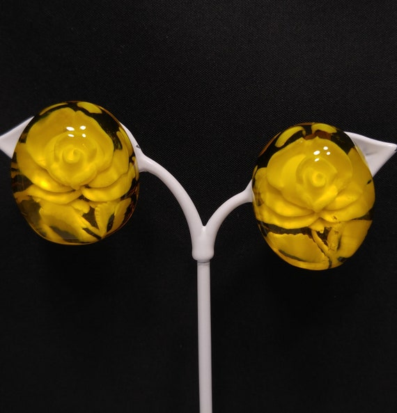 Yellow Lucite Flower Inside Earrings, Yellow Clear