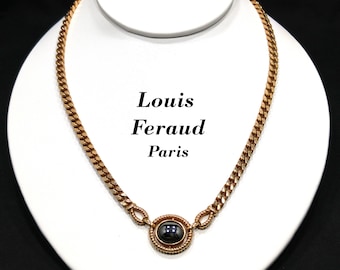 Louis Feraud Paris Gold Plated Pendant Necklace, Hematite Pendant, 1970s Vintage Jewelry