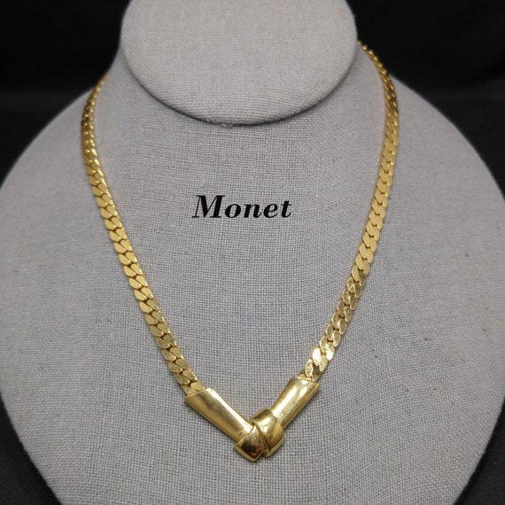 Monet Herringbone Chain Necklace Gold Plated V Pendant 1980s