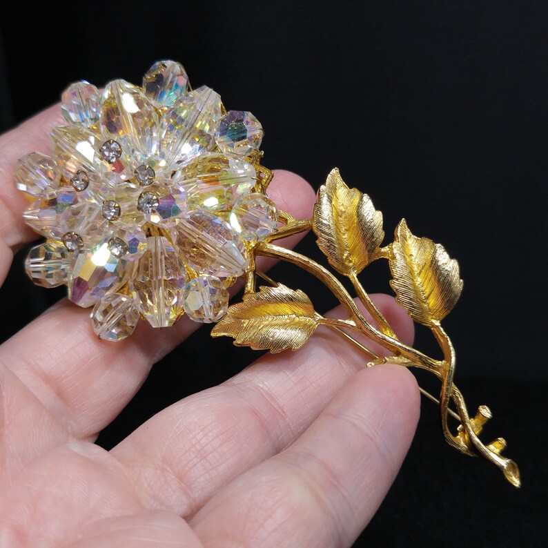 1960s Vintage Jewelry Austrian Crystal Beaded Flower Brooch Gold Tone
