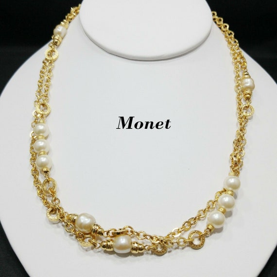 Monet Long Chain Necklace, Faux Baroque & Round P… - image 1