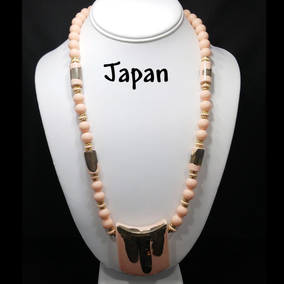 Japan Ceramic Peach & Bronze Pendant Beaded Neckl… - image 1