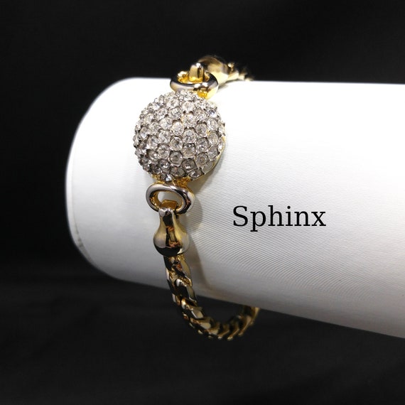 Vintage Sphinx Gold Rhinestone Bracelet, Clear Pa… - image 1