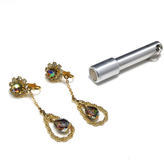 Czech Iridescent Beaded Dangle Clip Earrings, Pea… - image 8