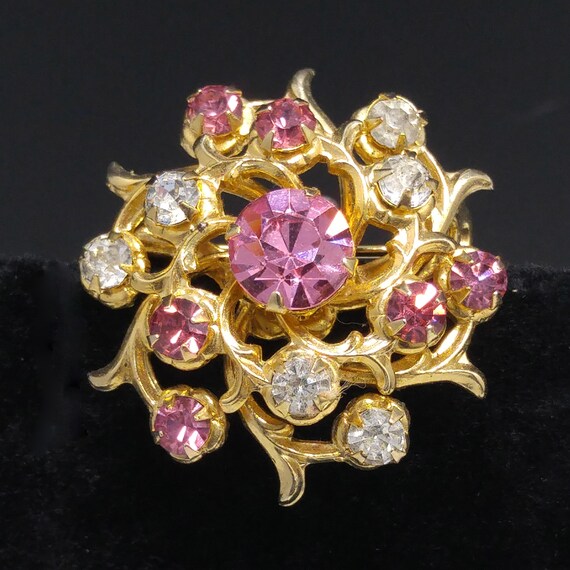 Coro Pink Rhinestone Brooch, Gold Plated Scatter … - image 2