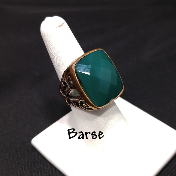 Barse Large Green Gemstone Ring, US Size 7 1/4, Bronze Copper Band, 1990s Vintage Jewelry