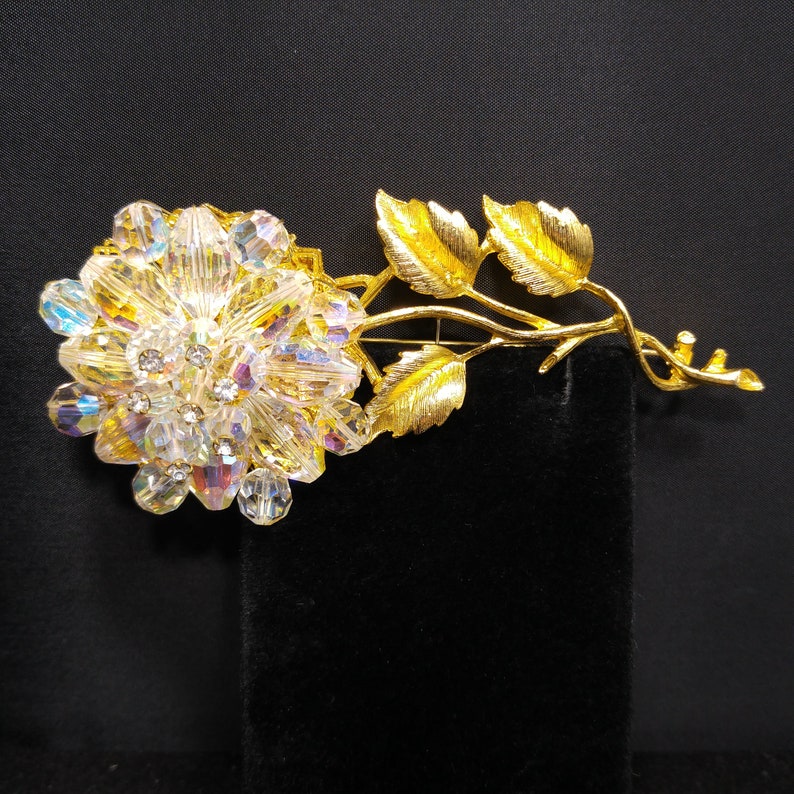 1960s Vintage Jewelry Austrian Crystal Beaded Flower Brooch Gold Tone