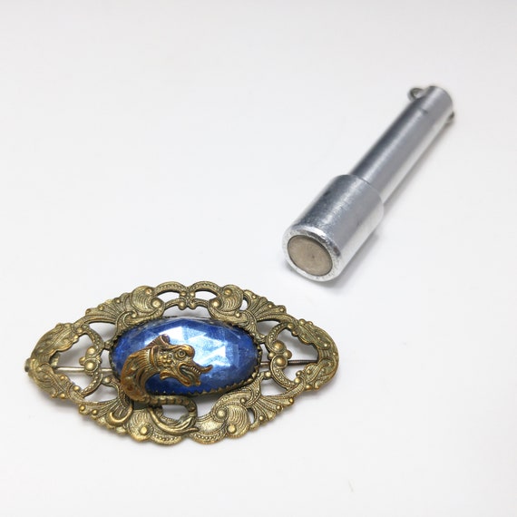 Antique Dragon Overlay Blue Glass Brooch, Edwardi… - image 6
