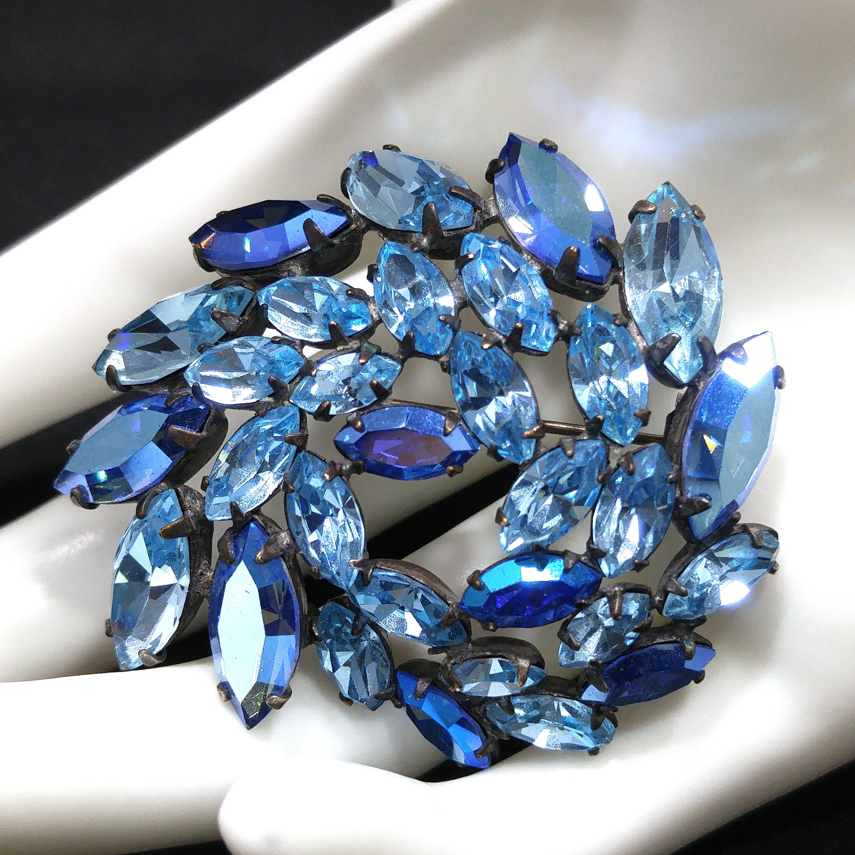 Regency Blue Rhinestone Brooch Earrings Set, 1950s Vintage