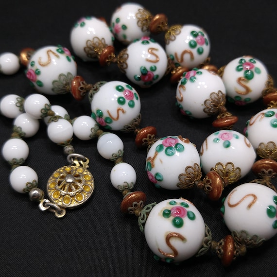 White Floral Lampwork Beaded Necklace, Hand Blown… - image 2