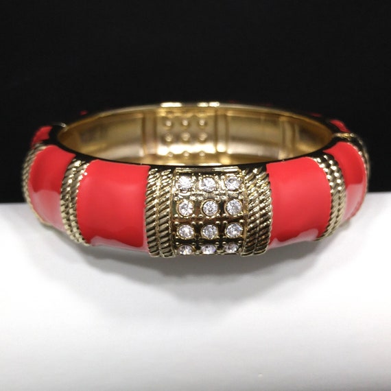 Red Enamel Gold Tone Hinged Bracelet, Clear Rhine… - image 1