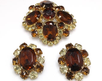 Topaz Rhinestone Brooch & Clip Earrings Set, Gold Plated, 1960s Vintage Jewelry